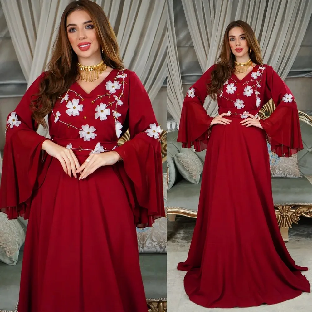 

Wepbel Abaya Muslim Dress Diamond Beaded Petal Sleeve Flower Eid Al-Adha Islam Dress Saudi Arab Belt Caftan Islamic Clothing