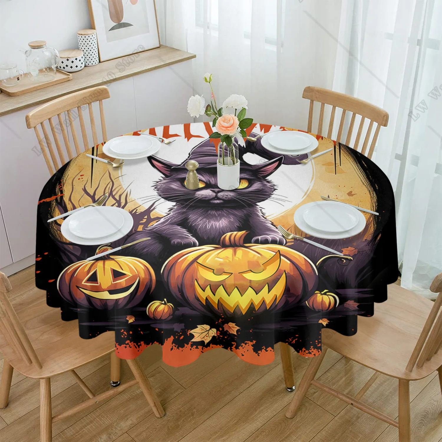 

Круглая скатерть на Хэллоуин, тыква, летучая мышь, кот, водонепроницаемая скатерть на стол для свадебной вечеринки, праздничная скатерть для обеденного стола, подходит для домашней кухни