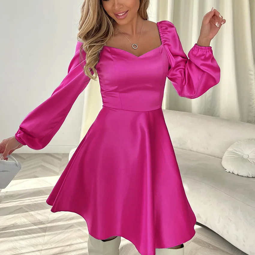 New French Bubble Sleeve Dress Square Neck Long Sleeve Satin High Waist A-line Dress for Women
New French Bubble Sleeve Dress Square Neck Long Sleeve Satin High Waist A-line Dress for Women