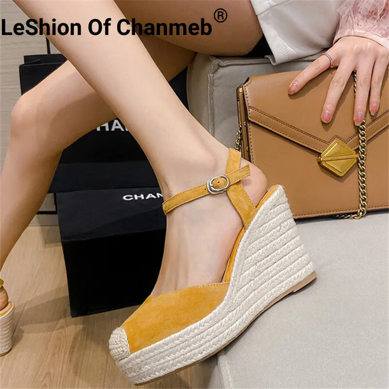 

Leshion Of Chanmeb Kid Suede Women High Wedge Heel Sandals Ankle Buckle Nude Yellow Espadrille Platform Shoe Bohemia Ladies Pump