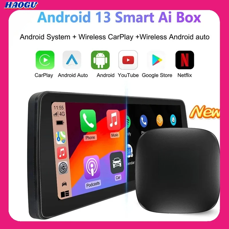Haogu Android 13 2024 AI box 4в1 Беспроводной автомобильный адаптер CarPlay 2 16G Автомобильное