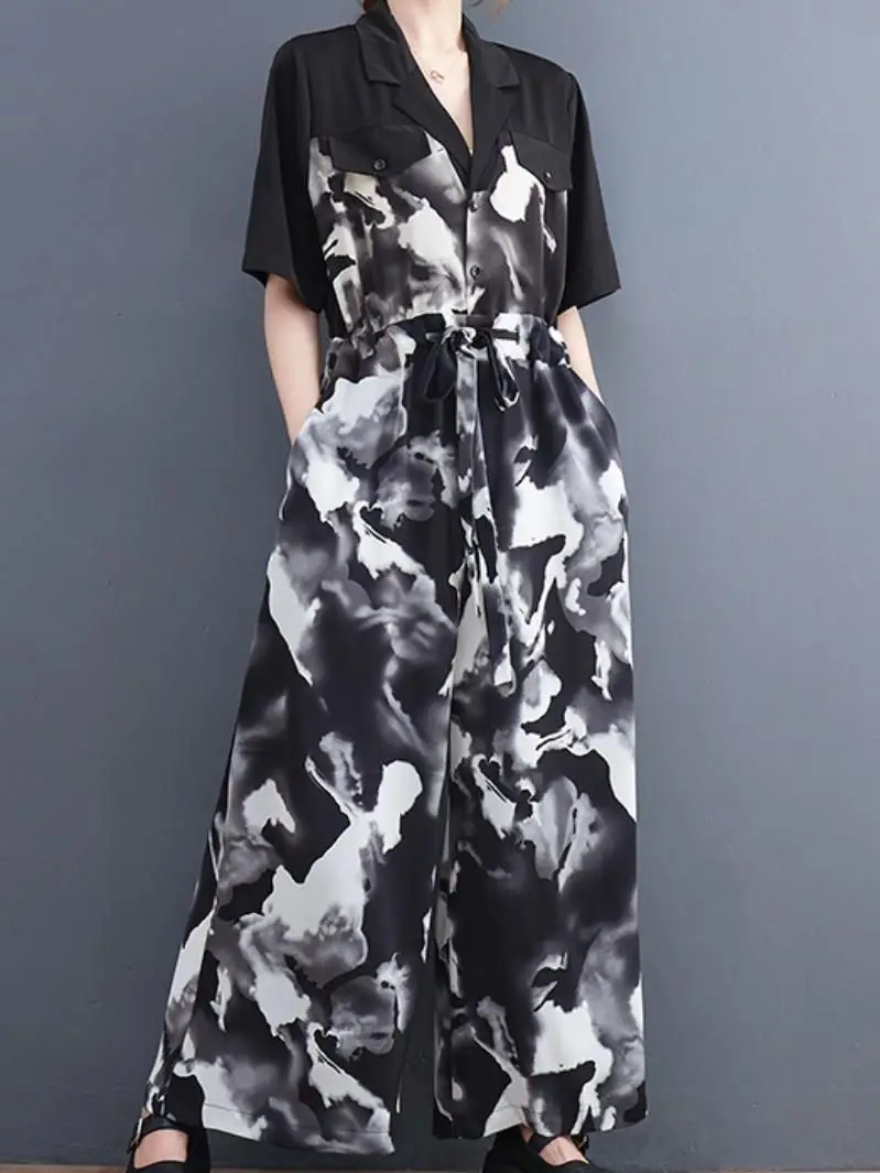 Bandage High Waist Turn-down Collar Short Sleeve Jumpsuit Women Summer Office Lady Single-breasted Straight Wide Leg Pant Romper 
Bandage High Waist Turn-down Collar Short Sleeve Jumpsuit Women Summer Office Lady Single-breasted Straight Wide Leg Pant Romper