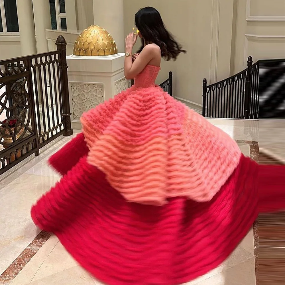 

Sevintage Elegant Tiered Ruffles Tulle Prom Dresses Sleeveless Pleat Ruched A-Line Saudi Arabic Evening Gowns Formal Party Dress