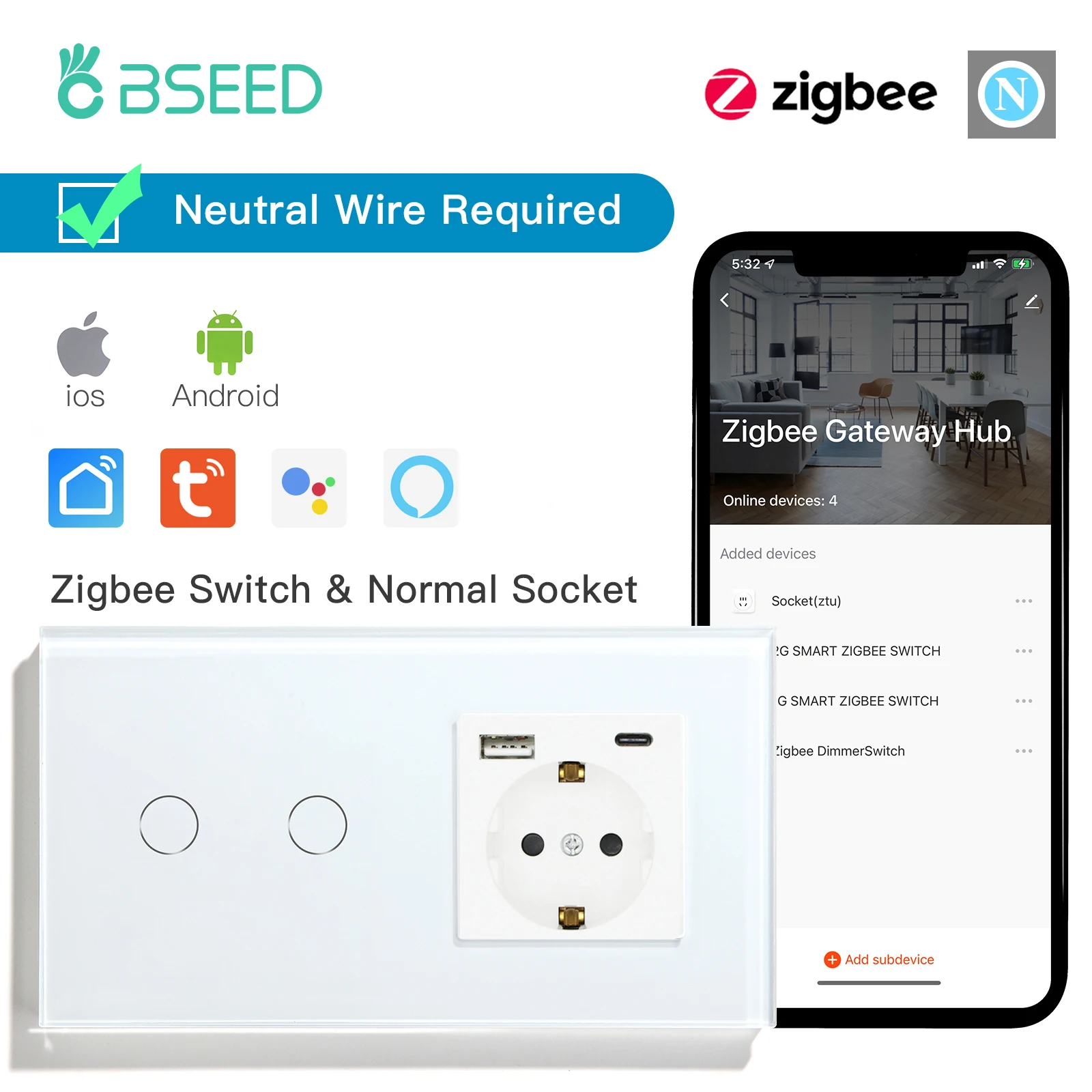 BSEED Умные выключатели BSEED Zigbee 1/2/3 Gang с USB портом
BSEED Умные выключатели BSEED Zigbee 1/2/3 Gang с USB портом