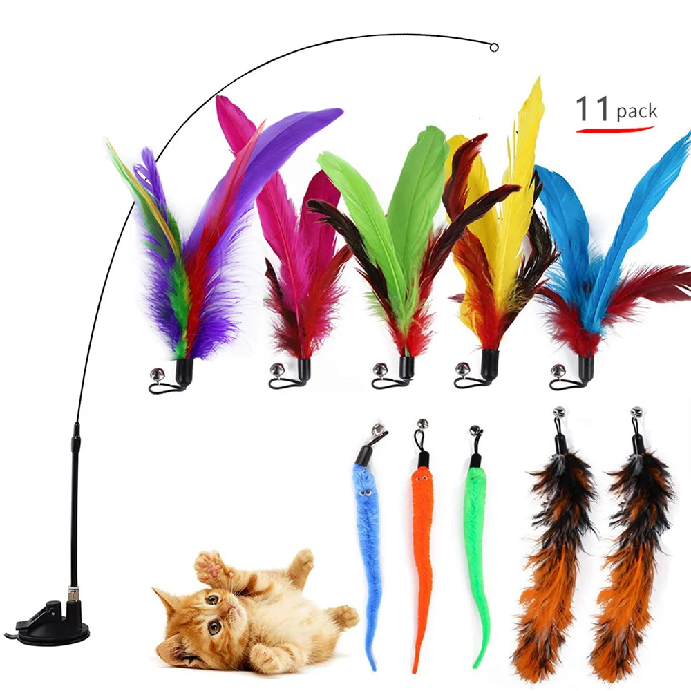 

Cat Toys Suction Cup Feathers Wand Interactive Cat Toy Kitten Toys Retractable Cat Wand Toy Feather Teaser Refills with bells