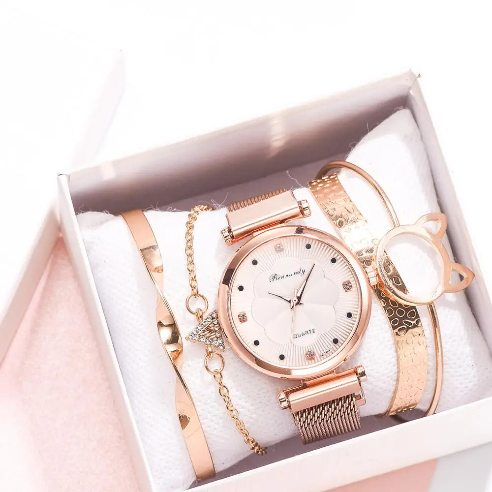 

Mode 5 Stuks Set Vrouwen Horloges Luxe Magneet Gesp Bloem Rhinestone Horloge Dames Quartz Horloge Armband Set Reloj Mujer