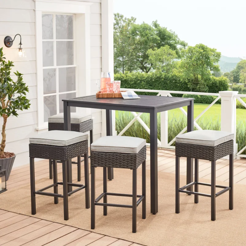 Mainstays Ayden Park 4 Person Outdoor Patio High Dining Set, Brown Wicker, Tan Cushions, and Black Table
Mainstays Ayden Park 4 Person Outdoor Patio High Dining Set, Brown Wicker, Tan Cushions, and Black Table