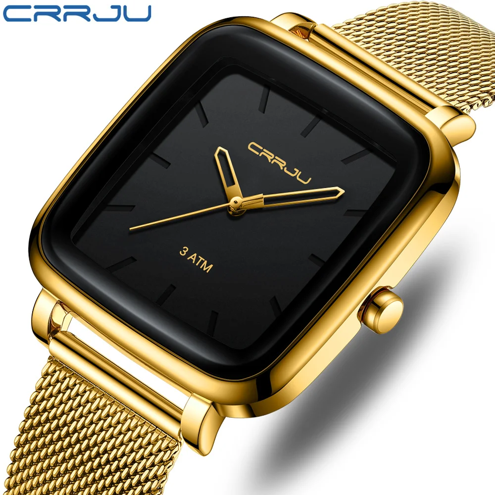 

Часы наручные CRRJU Мужские кварцевые, брендовые Роскошные повседневные водонепроницаемые, с тонким стальным сетчатым браслетом, квадратные золотистые