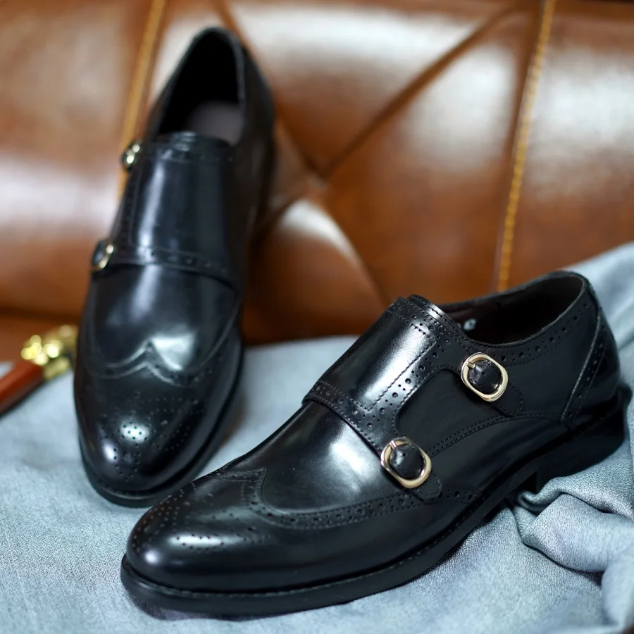 

Классические мужские классические туфли из натуральной кожи броги с двойной пряжкой с металлической пряжкой для бизнеса и офиса