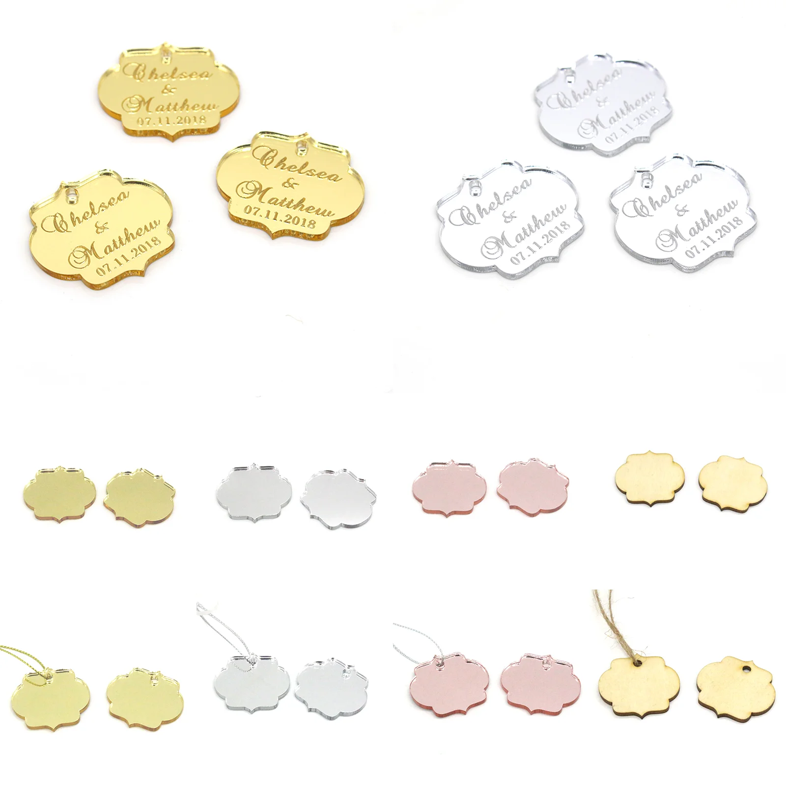 

50pcs Personalized Acrylic Tag Custom Wedding Name Baby Baptism Mirror Silver Gold Engraved Tag Decoration Gift Favors