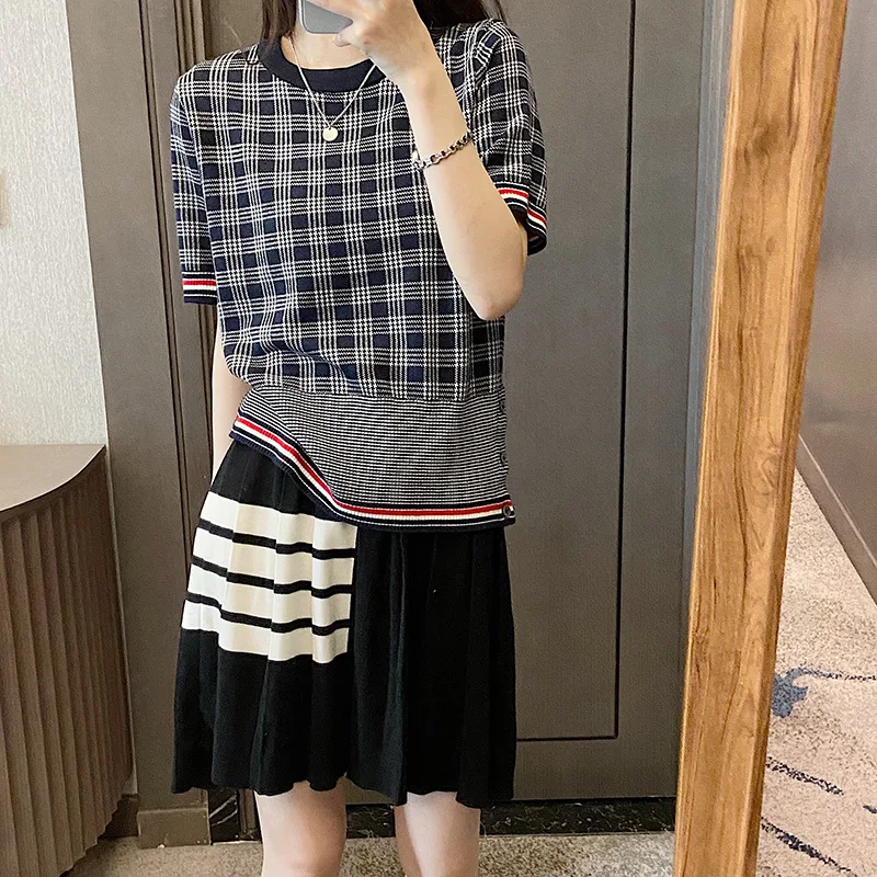 Checked t-shirt women TB summer style short sleeve chic high-grade wool knitted top short style
Checked t-shirt women TB summer style short sleeve chic high-grade wool knitted top short style