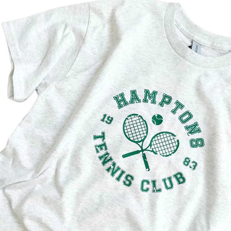 

American Vintage Hamptons Tennis Club Printing Graphic Tees Light Gray Loose Short Sleeve Cotton Summer Tops Ins Fashion T Shirt