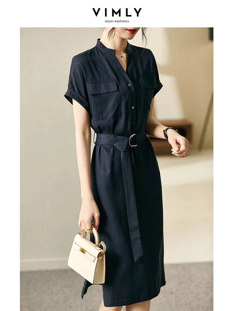 

Vimly 100% Lyocell Summer Shirt Dresses for Women 2023 Elegant Office Ladies V Neck Side Slit Short Sleeve Belted Midi Dress