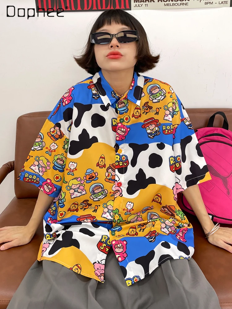 Cartoon Short-Sleeved Shirt Female Student 2023 Summer New Loose Retro Female Student Single-Breasted Short Sleeve Printed Top 
Cartoon Short-Sleeved Shirt Female Student 2023 Summer New Loose Retro Female Student Single-Breasted Short Sleeve Printed Top