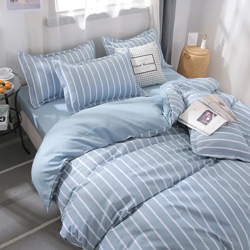 

Комплект постельного белья в белую и синюю полоску, королевский комплект постельного белья, двойной размер, простые простыни с принтом, с реактивным рисунком, наволочка, простыня, стеганое одеяло