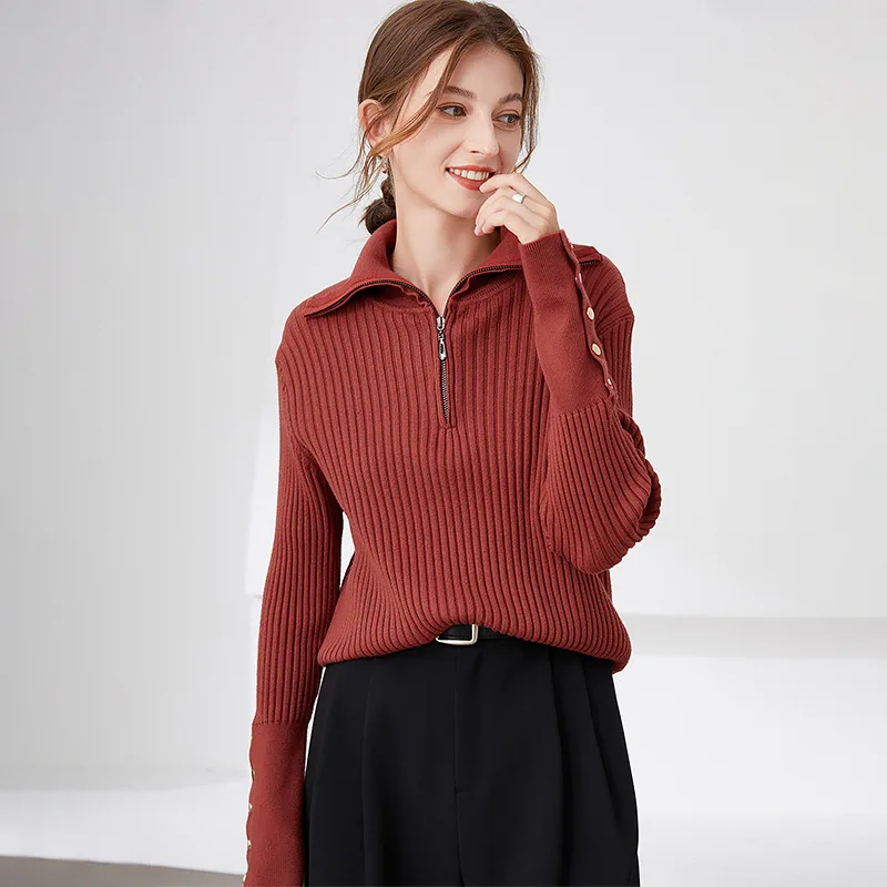 Iron Red Pullover Sweater Women's Outerwear Large Lapel Commuter Causal Knit Tops Long Sleeve Rib Cuffs Metal Button autumn 2022
Iron Red Pullover Sweater Women's Outerwear Large Lapel Commuter Causal Knit Tops Long Sleeve Rib Cuffs Metal Button autumn 2022