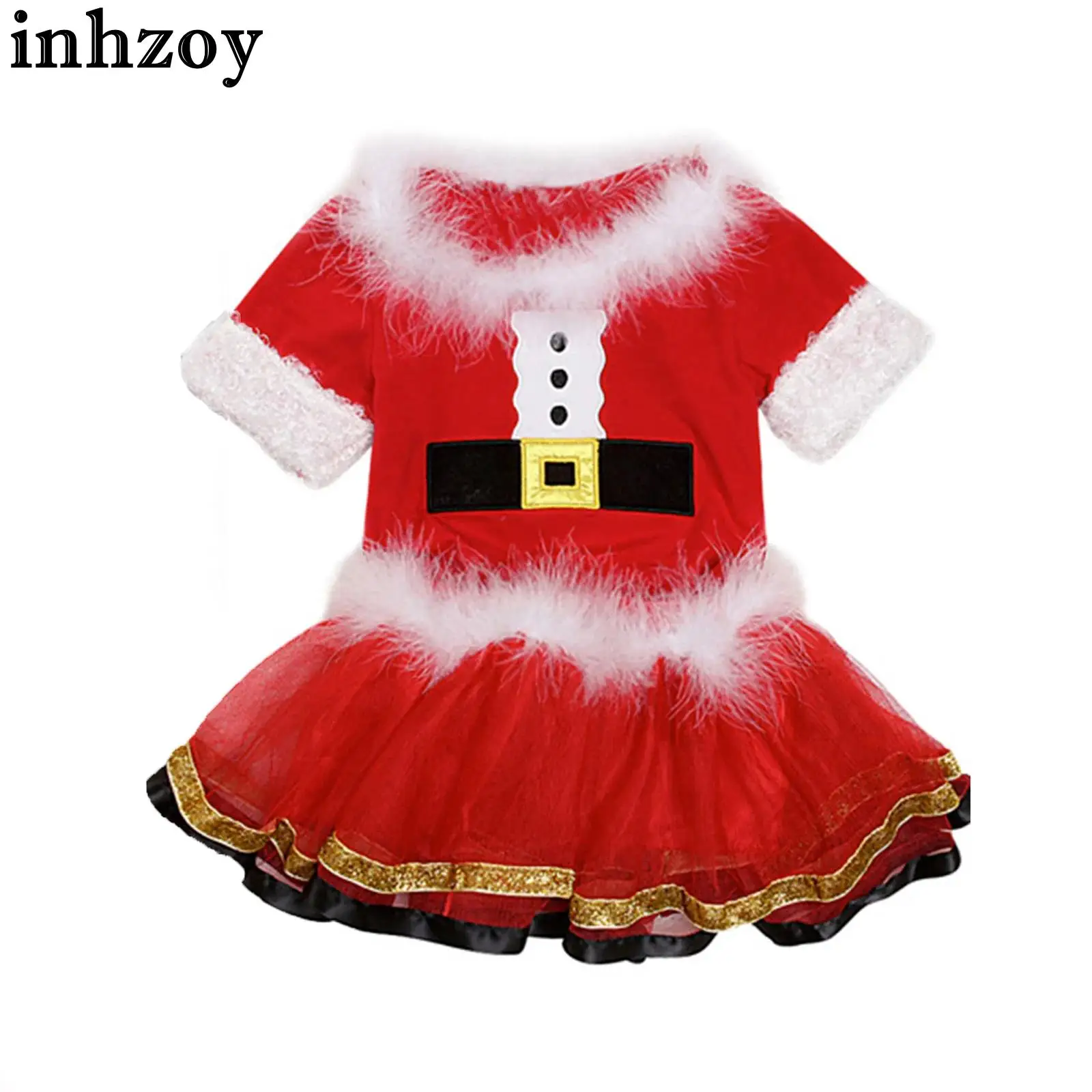 

Детский Рождественский костюм Санта-Клауса для маленьких девочек, Рождественская тема, искусственный наряд для косплея, футболка из искусственного меха, топы с юбкой-пачкой