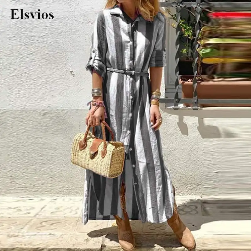 Retro Stripe Print Office Lady Shirt Dress Fashion Single-breasted Long Beach Dress Women Elegant Adjust Long Sleeve Party Dress 
Retro Stripe Print Office Lady Shirt Dress Fashion Single-breasted Long Beach Dress Women Elegant Adjust Long Sleeve Party Dress
