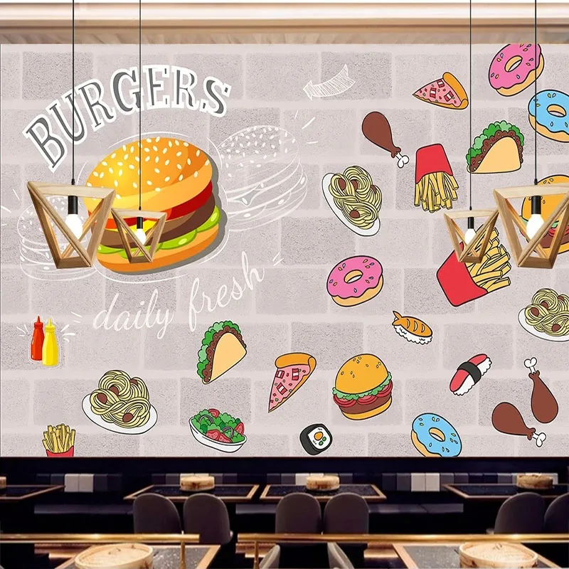 

Custom Any Size 3D Brick Wall Hand-Painted Hamburg Fast-Food Restaurant Background Wall Mural Papel De Parede Home Décor Tapety