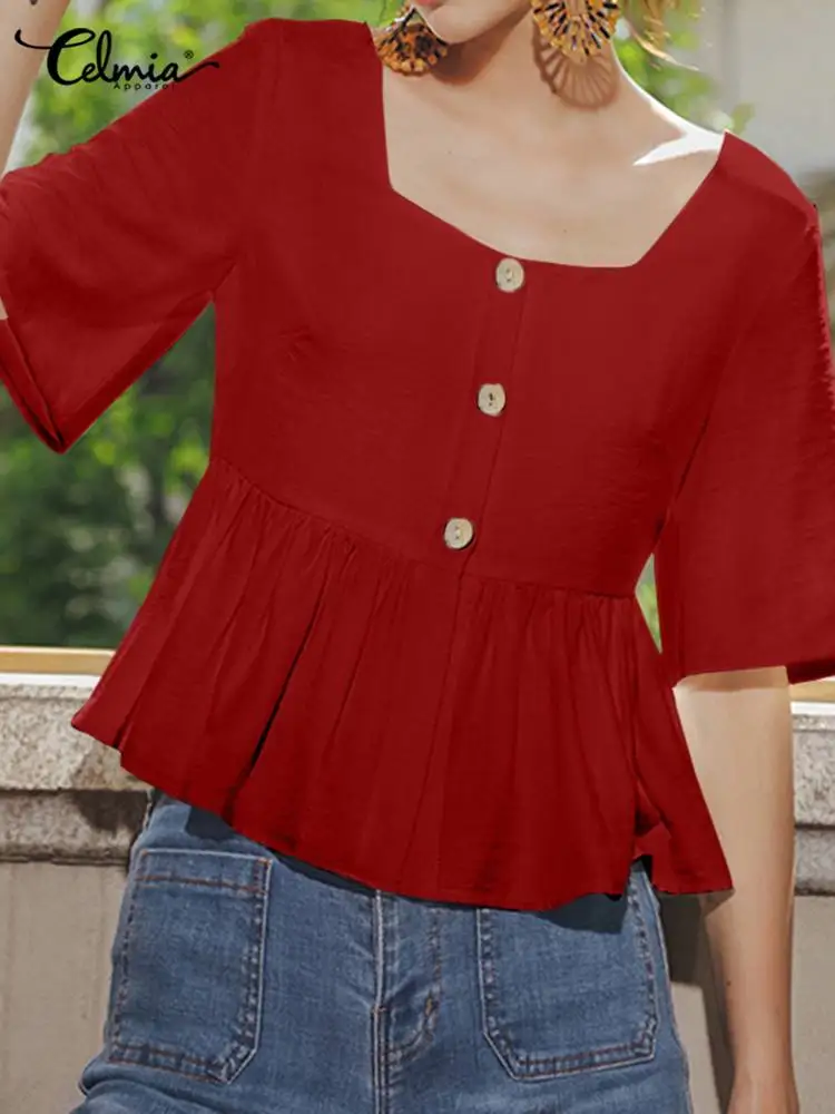 Sexy Square Collar Peplum Shirts Celmia Fashion Women Tops 2022 Summer Half Sleeve Solid Ruffles Tunics Elegant Office OL Blusas
Sexy Square Collar Peplum Shirts Celmia Fashion Women Tops 2022 Summer Half Sleeve Solid Ruffles Tunics Elegant Office OL Blusas