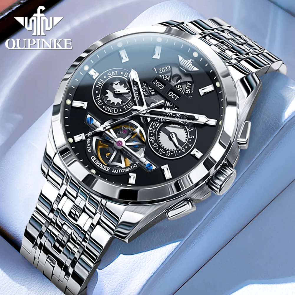 

OUPINKE Fashion Automatic Watch for Men Skeleton Stainless Steel Wristwatch Calendar Week Waterproof Sapphire Mirror Men's Watch