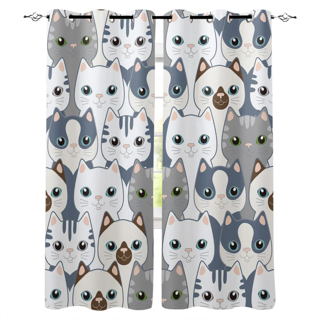 

Cortinas con estampado de gato para habitación de niños, Tela con estampado de gatito encantador, Azul, Blanco, redondo, gris