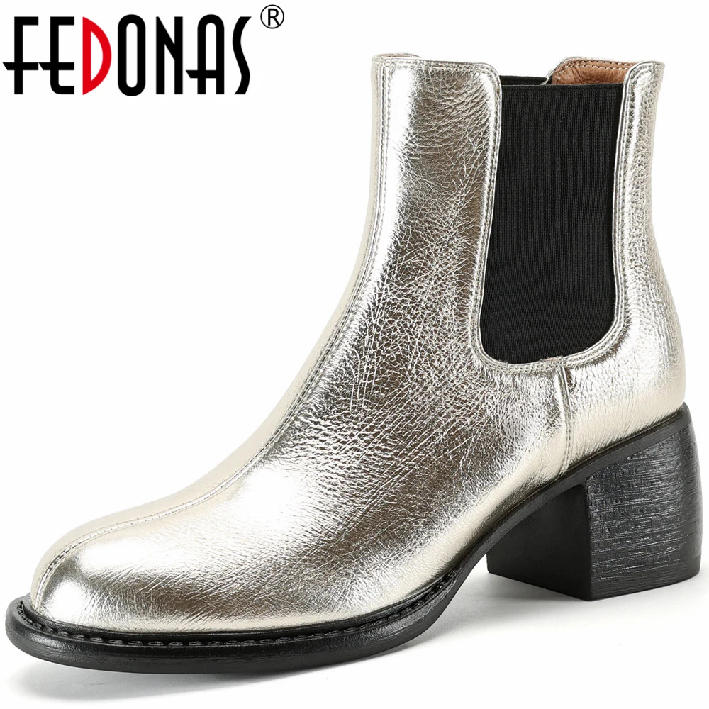 

FEDONAS Women Genuine Leather Ankle Boots Autumn Winter Thick Heels Splicing Working Shoes Woman Round Toe Concise Office Lady
