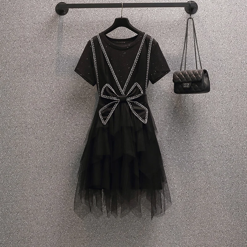 Summer Set Of Two Fashion Piece For Women T-Shirt Tops And Sling Mesh Dress Plus Size Black Matching Outfit Casual Elegant Suits
Summer Set Of Two Fashion Piece For Women T-Shirt Tops And Sling Mesh Dress Plus Size Black Matching Outfit Casual Elegant Suits