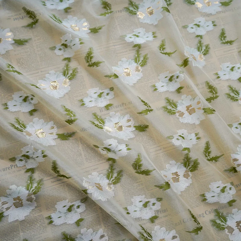 

Gold Silk Yarn-dyed Jacquard Fabric with Slightly Transparent Flowers Small Fresh Women's Spring Summer Dress Curtain Sew Cloth