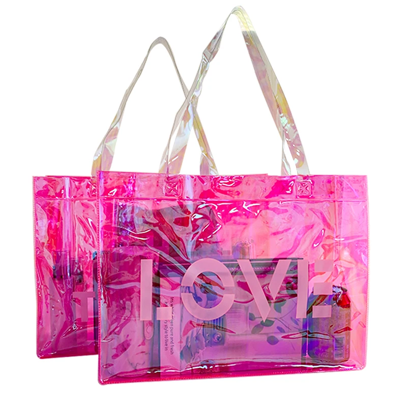 

2023 Letter Print Holographic Tote Bag PVC Transparent Handbags for Women Waterproof Shoulder Bag Large Capacity Jelly Shopping