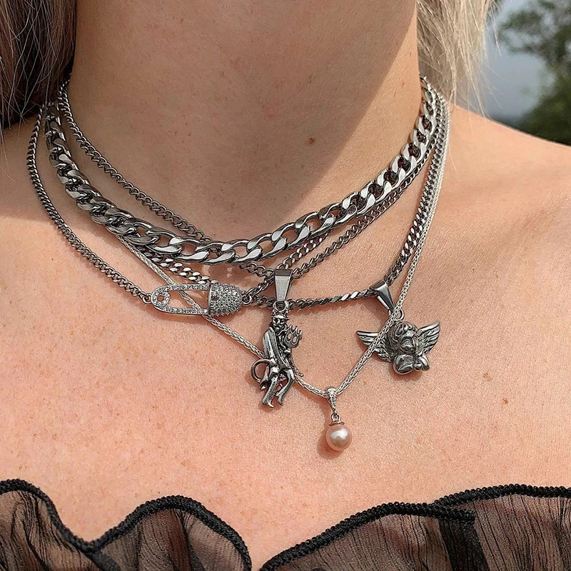 5Pcs/Set Women Necklaces Set Retro Angel Demon Pin Pearl Pendant Clavicle Chain Silver Color Necklace Birthday Party Jewelry
5Pcs/Set Women Necklaces Set Retro Angel Demon Pin Pearl Pendant Clavicle Chain Silver Color Necklace Birthday Party Jewelry