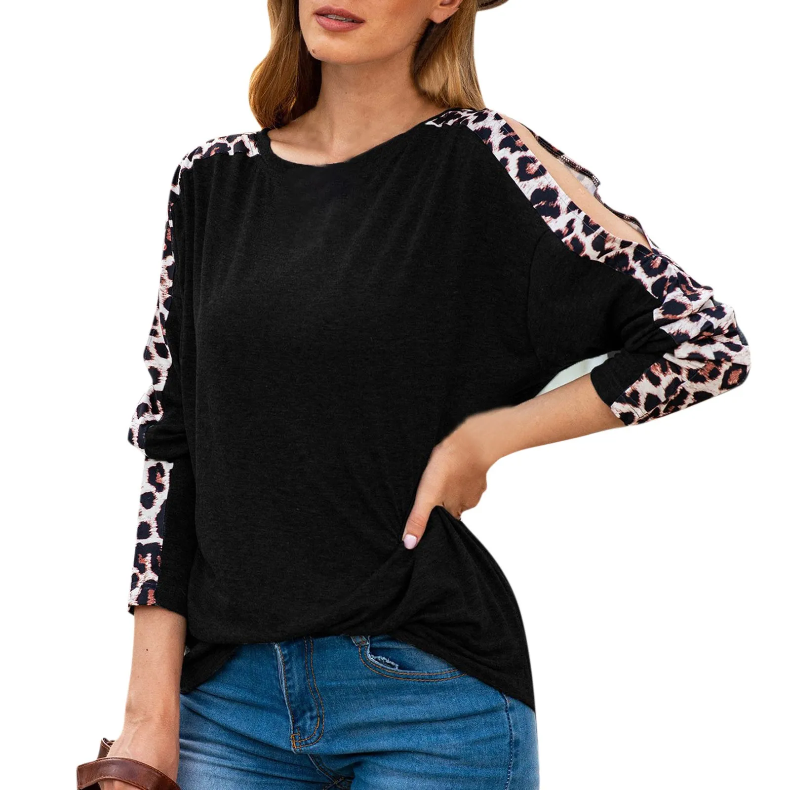 Women T Shirt Round Neck Casual Loose Leopard Patchwork Print Hollow Out Off Shoulder Long Sleeve Graphic Tees Vintage Top 4
Women T Shirt Round Neck Casual Loose Leopard Patchwork Print Hollow Out Off Shoulder Long Sleeve Graphic Tees Vintage Top 4