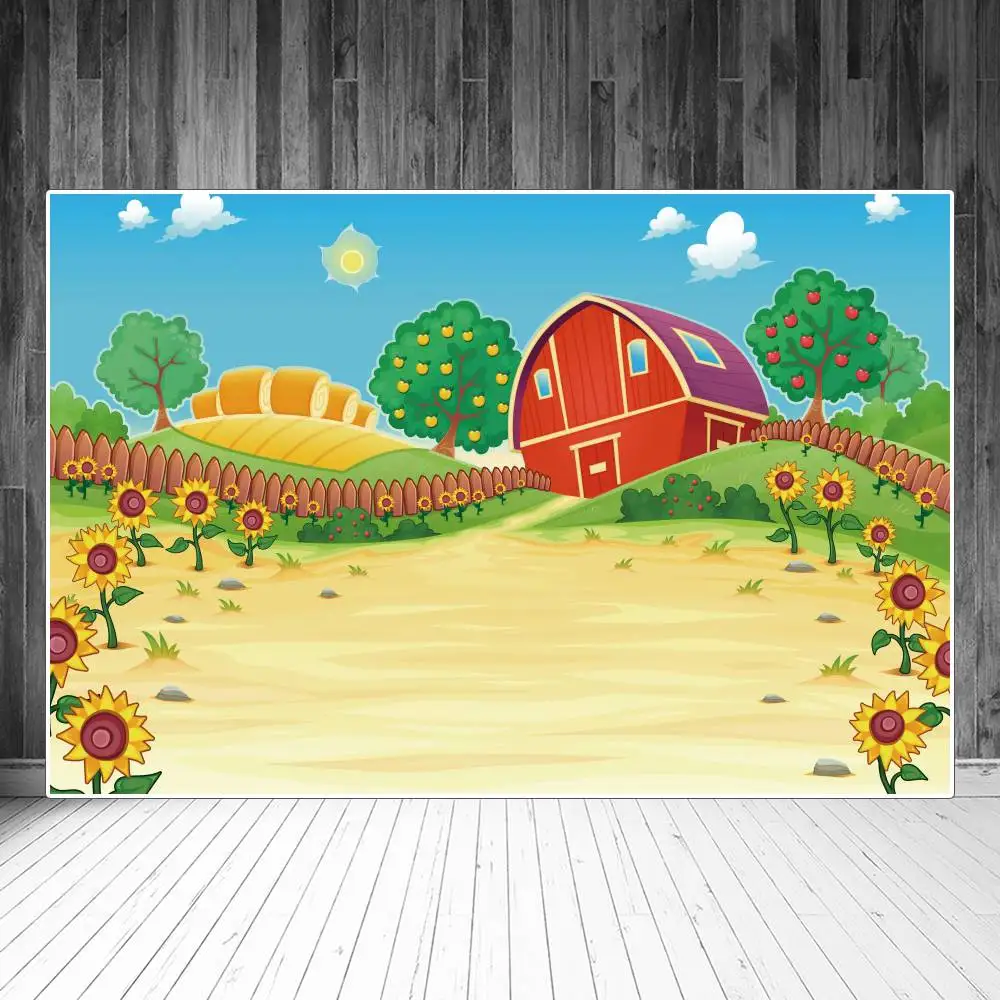 

Farm Barn Cartoon Photography Backdrops Decoration Sunflowers Field Apple Trees Sign Children Photocall Backgrounds Studio Props
