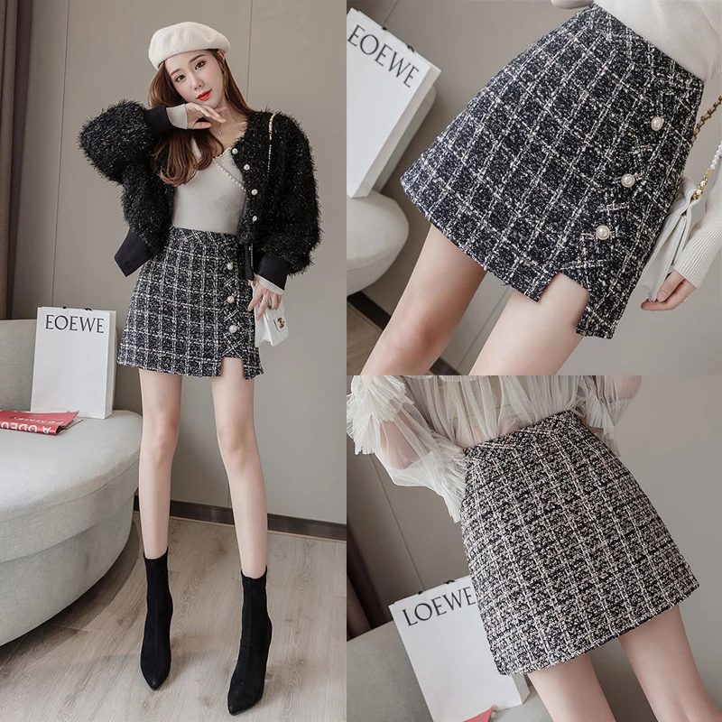 

Women Winter Skirt Shorts High Waist Plaid Feminino Woolen Houndstooth Buttons Irregular Mini Skater Warm Thicken Mini Skirt