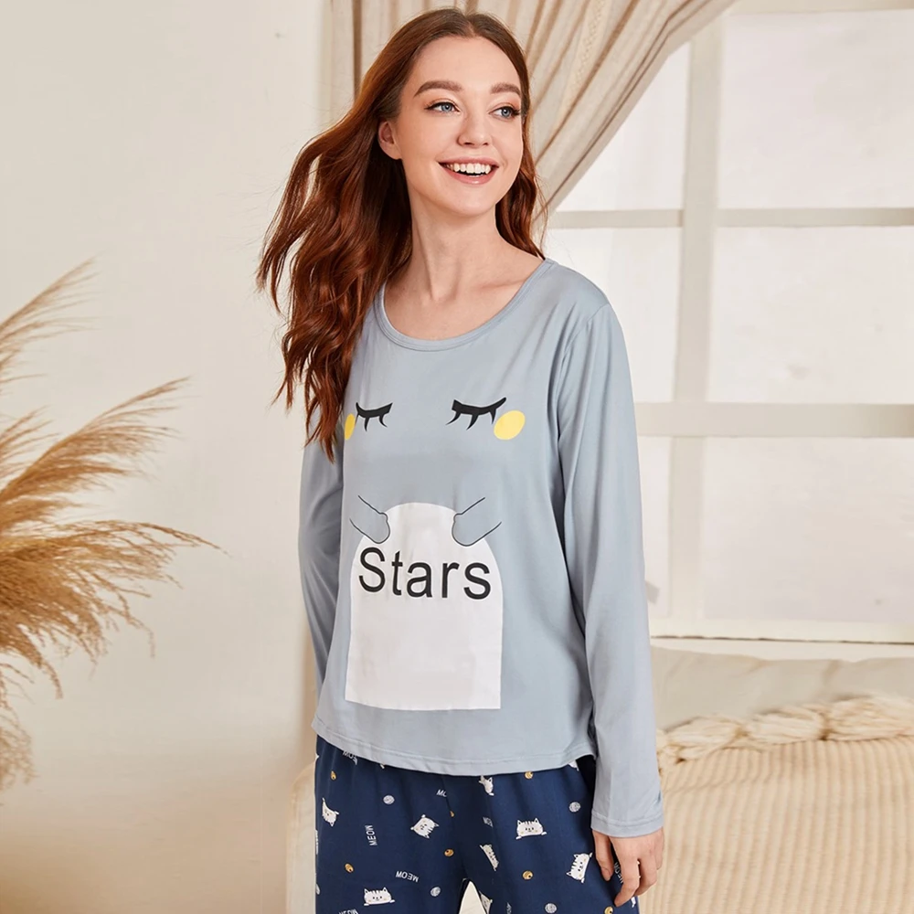 Pajama Set Female Classic Long Sleeve Top & Loose Long Pants Cute Cartoon Kitten Print Bottoms Top Tee Sleepwear Pjs Sets Spring
Pajama Set Female Classic Long Sleeve Top & Loose Long Pants Cute Cartoon Kitten Print Bottoms Top Tee Sleepwear Pjs Sets Spring