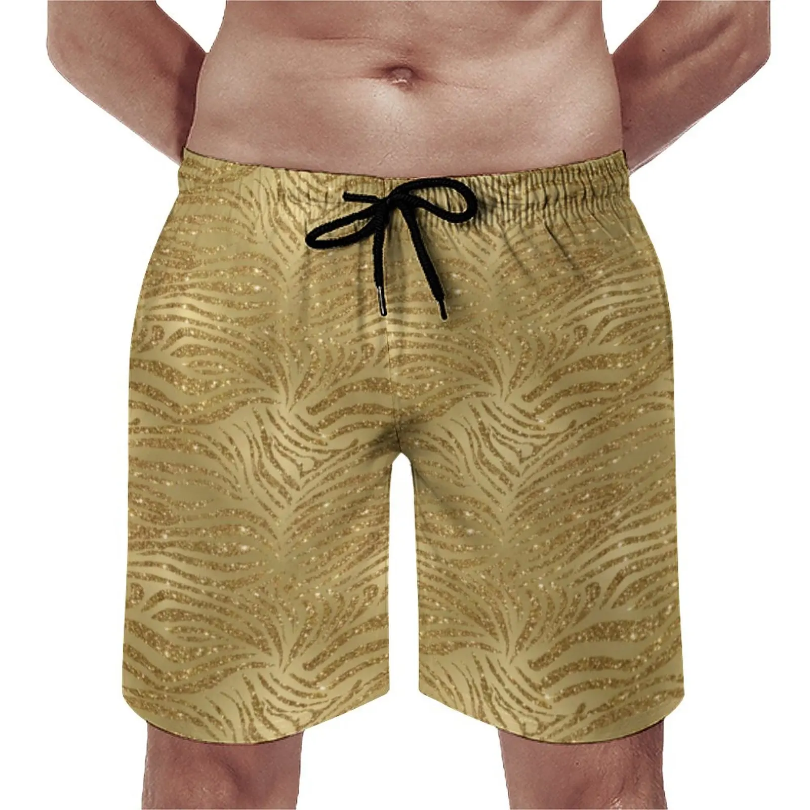 

Sparkle Tiger Print Board Shorts Summer Gold Glitter Stripes Retro Beach Shorts Man Sportswear Comfortable Printed Swim Trunks