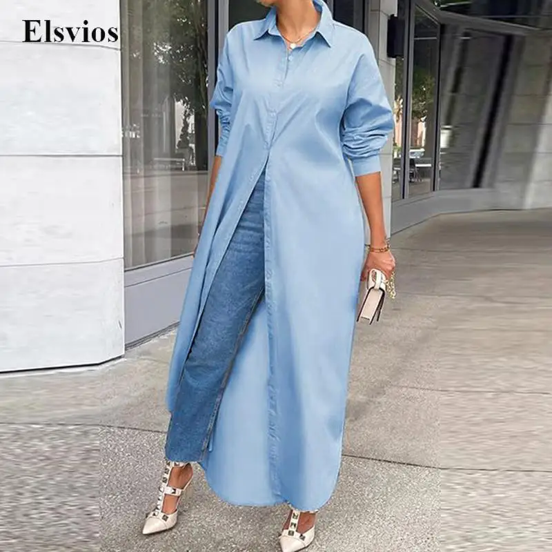 Fashion Long Sleeve Shirt Dress Spring Autumn Loose Turn-down Collar Party Dresses Women Casual Button Slit Long Dress Vestidos
Fashion Long Sleeve Shirt Dress Spring Autumn Loose Turn-down Collar Party Dresses Women Casual Button Slit Long Dress Vestidos