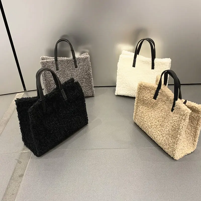 

South Korea ins Lamb Hair Bag Women's New Portable Plush Cute One Shoulder Slant Span Tote winter 2022 Large-capacity Hand Bags