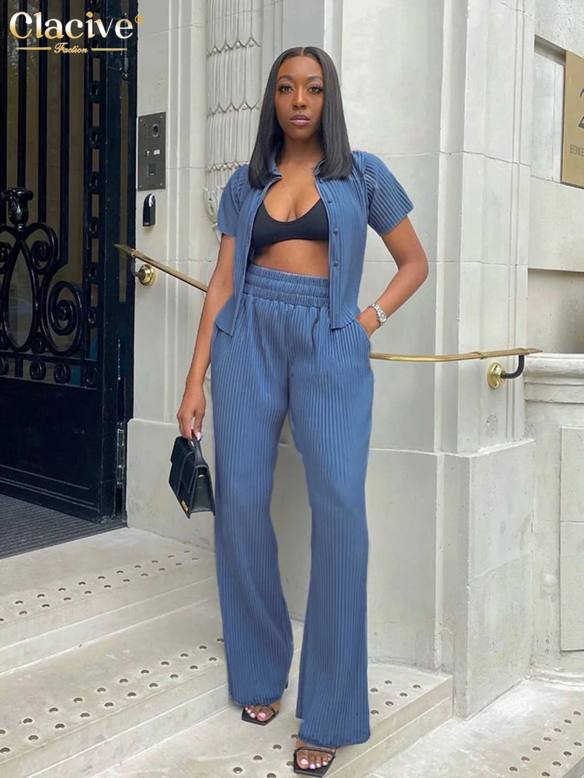Clacive Bodycon Short Sleeve Shirts Set Woman 2 Pieces Summer Blue Pleated Pants Set Female Fashion High Waist Trouser Suits
Clacive Bodycon Short Sleeve Shirts Set Woman 2 Pieces Summer Blue Pleated Pants Set Female Fashion High Waist Trouser Suits