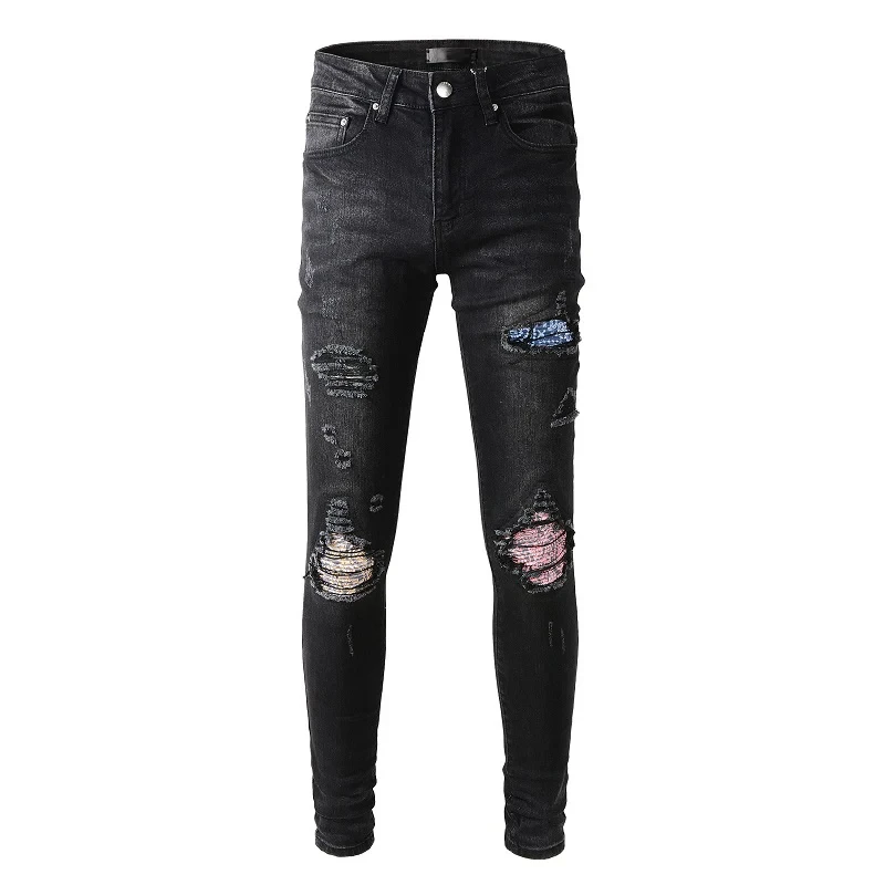 

Men's Black Slim Fit Streetwear Fashion Distressed Skinny Stretch Destroyed Holes Tie Dye Bandana Ribs Patches Ripped Jean Pants