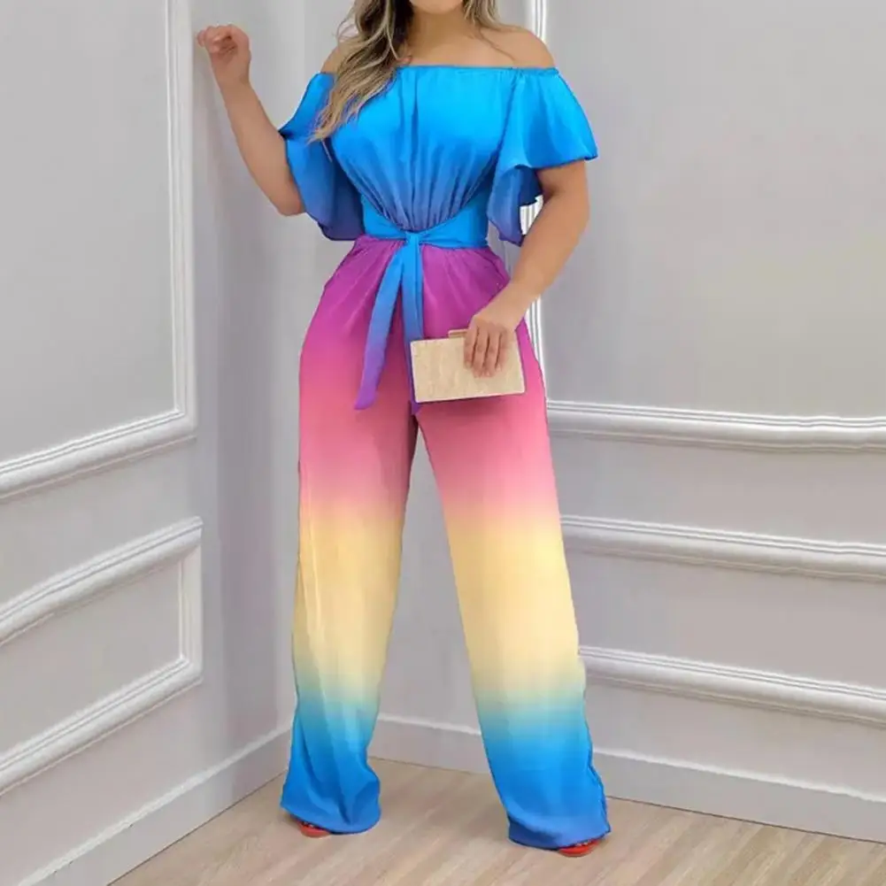 

Women Jumpsuit Boat Neck Wide Leg Long Pants Boho Gradient Color Bandage Lady Romper Slinky Gradient Color Jumpsuit