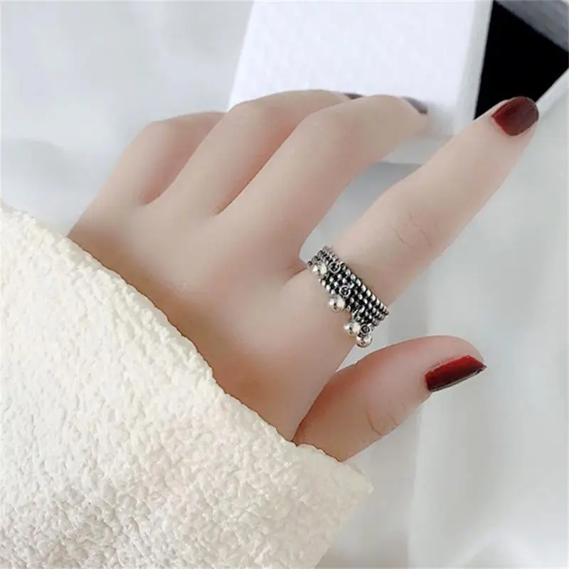 

Retro Round Pearl Glossy Ring Female Alloy Tassel Ring Personality Open Ring Women's Ring Multi-layer Braided Ring