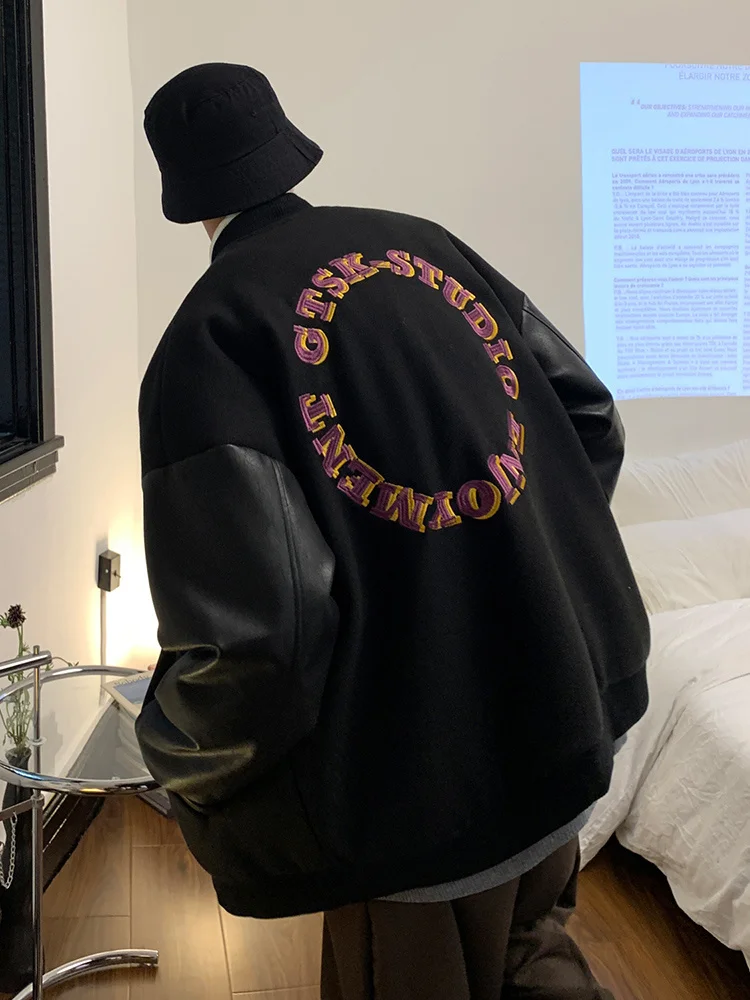 Woolen Patchwork PU Leather Baseball Uniform Oversize High Street Jacket Men's Couple Jacket National Fashion mens jacket
Woolen Patchwork PU Leather Baseball Uniform Oversize High Street Jacket Men's Couple Jacket National Fashion mens jacket