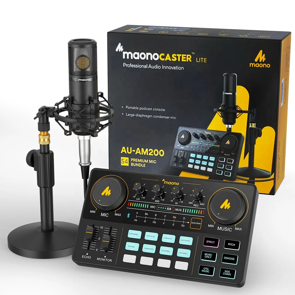 MAONOCASTER Lite AM200S4 Professional Sound Card with 25mm Condenser Studio Microphone for Broadcasting Audio Interface Mixer
MAONOCASTER Lite AM200S4 Professional Sound Card with 25mm Condenser Studio Microphone for Broadcasting Audio Interface Mixer