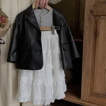 Korean Childrens Wear 2023 Autumn New Girls Fashionable Leather Coat Round Neck Basecoat Cake Half Skirt Set