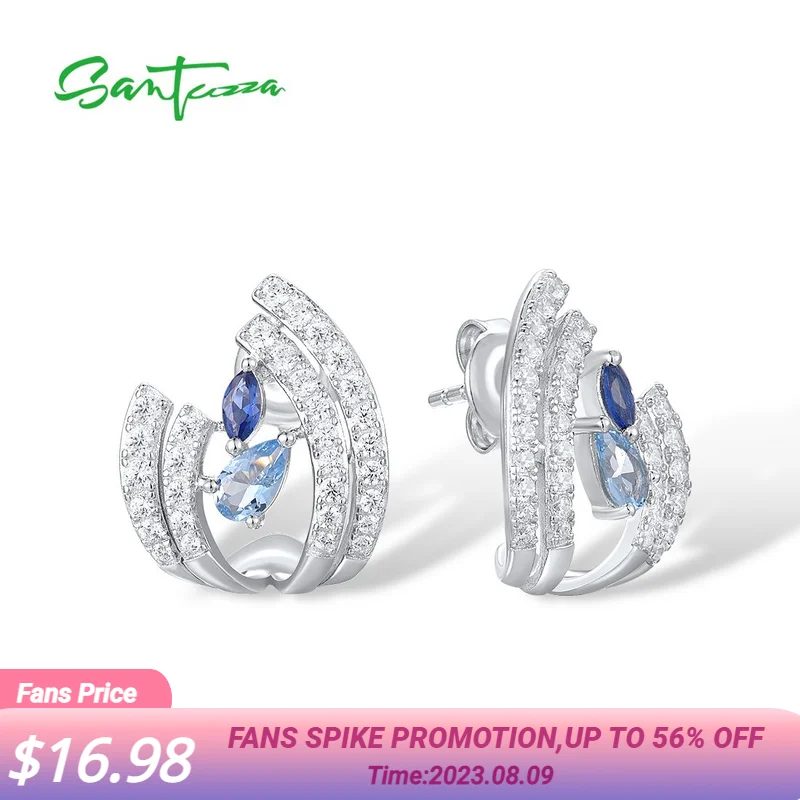 

SANTUZZA 925 Sterling Silver Stud Earrings For Women Sparkling Blue Spinel White Cubic Zirconia Delicate Daily Wear Fine Jewelry