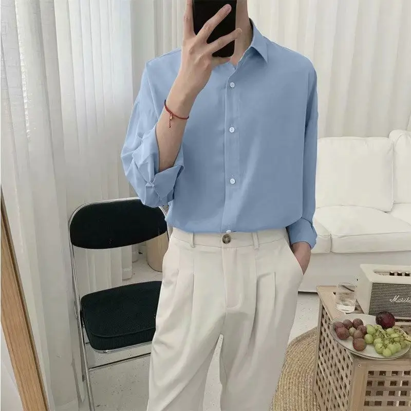 

Spring and Summer Men's Long Sleeve Shirt Luxurious Wrinkle-resistant Non-iron Solid Color Business Casual Ice Silk Tops A43