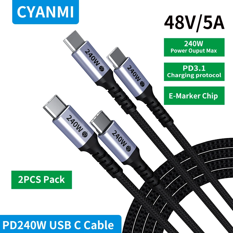 CYANMI 2Pack 240W USB Type C Cable PD3.1 for PS5 Nintendo Switch Galaxy S22 MacBook Fast Charging Cable 48V5A USB C 100W Cable
CYANMI 2Pack 240W USB Type C Cable PD3.1 for PS5 Nintendo Switch Galaxy S22 MacBook Fast Charging Cable 48V5A USB C 100W Cable