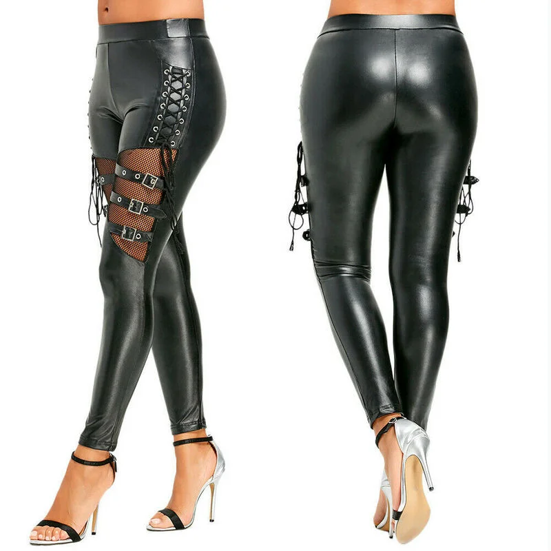 Women PU Leather Skinny Slim Trouser Gothic Punk Leggings Patchwork Fishnet Trim Lace Pants Faux PU Leather Pencil Pants Stacked
Women PU Leather Skinny Slim Trouser Gothic Punk Leggings Patchwork Fishnet Trim Lace Pants Faux PU Leather Pencil Pants Stacked