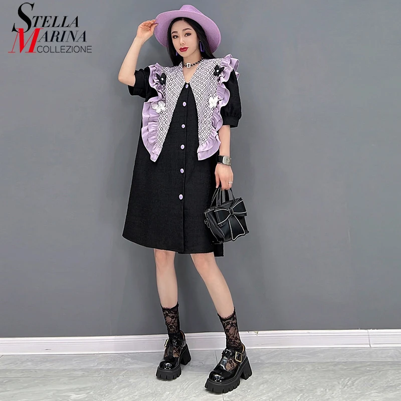 New Korean Style Woman Summer Short-Sleeve Straight Big Size Loose Fit Black Midi Dress Ruffles Joined Elegant Dresses APP079
New Korean Style Woman Summer Short-Sleeve Straight Big Size Loose Fit Black Midi Dress Ruffles Joined Elegant Dresses APP079